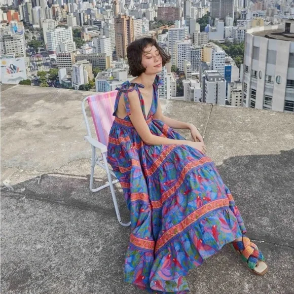 Farm Rio Size Small Blue Macaw Flight Midi Dress Tiered Size Medium NWT - Picture 2 of 16